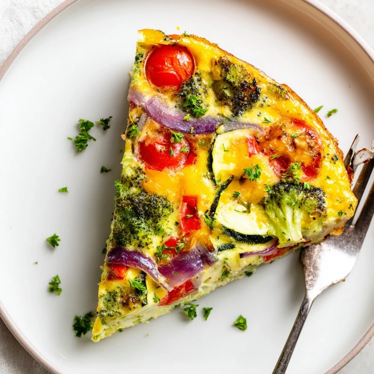 Freshly baked Vegetable Frittata slice served on a white plate with a side of mixed greens for brunch.  