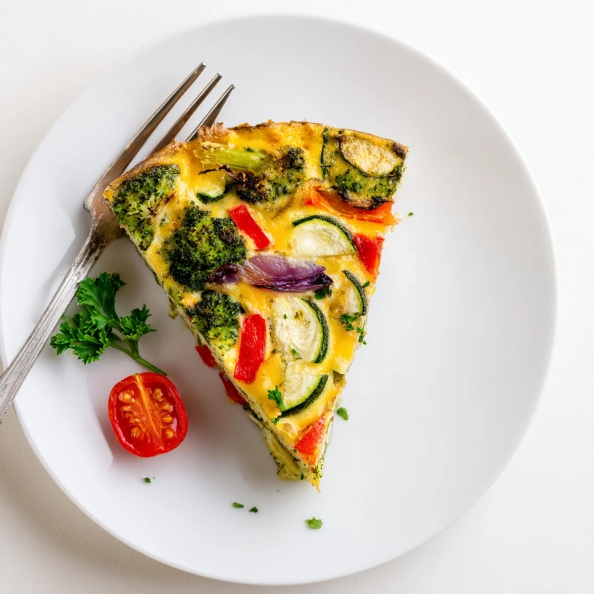 Colorful, cheesy Vegetable Frittata ready to serve, garnished with fresh parsley and perfect for a light dinner.