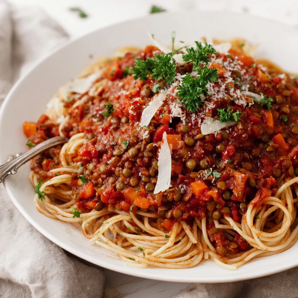 A close-up of Lentil Bolognese sauce, rich and chunky, ladled over a plate of spaghetti and garnished with fresh basil.  