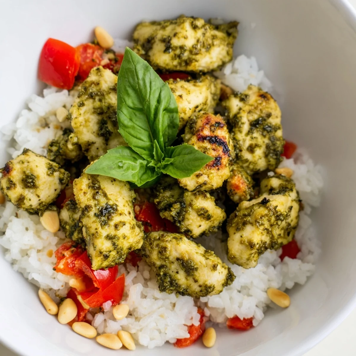 Golden chicken pieces coated in fresh basil pesto rest on fluffy white rice, topped with diced tomatoes and pine nuts.
