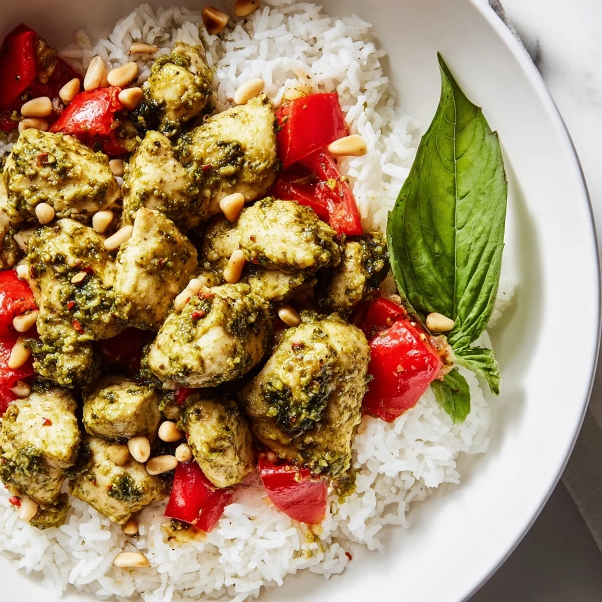 A close-up shows tender pesto chicken beside juicy tomato chunks and toasted pine nuts, ready to serve over warm rice.