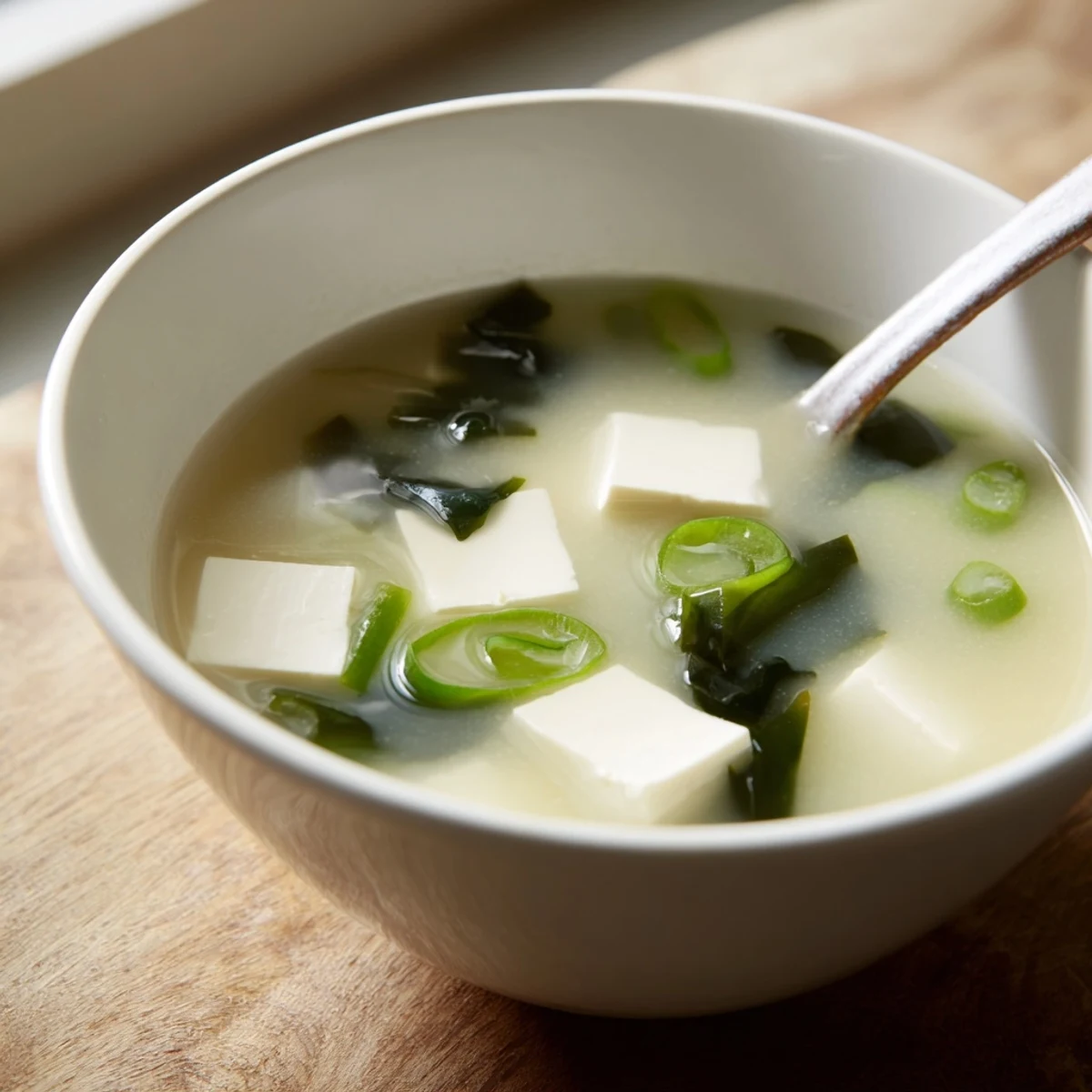 Homemade miso soup in a rustic bowl, featuring vibrant green onions and soft tofu for a comforting vegetarian meal.