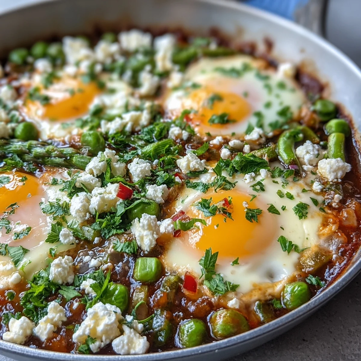 Creamy Pea and Broad Bean Shakshuka featuring tender vegetables and baked eggs, served hot.