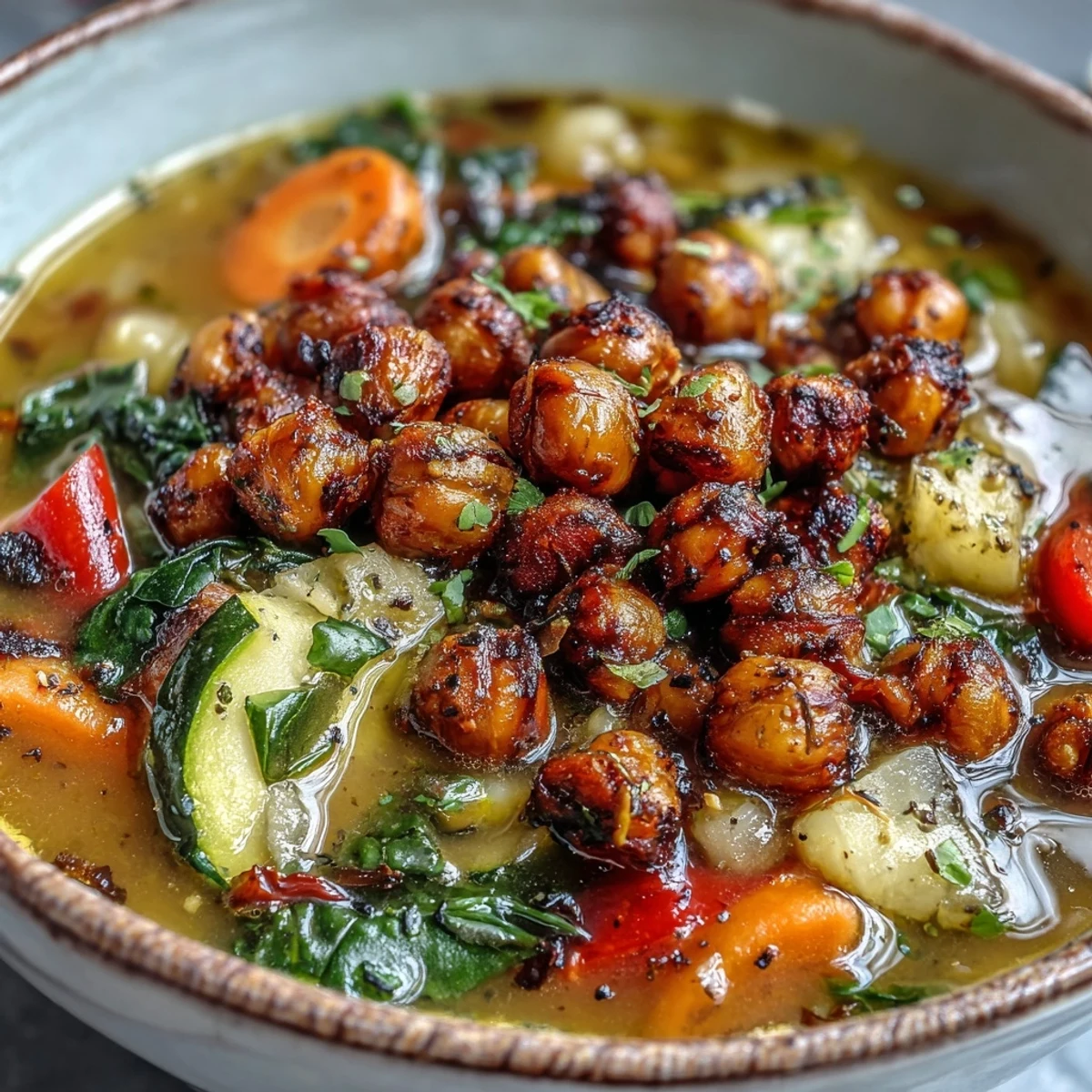 Hearty spiced chickpea and vegetable soup, a vibrant bowl of comfort and flavor.