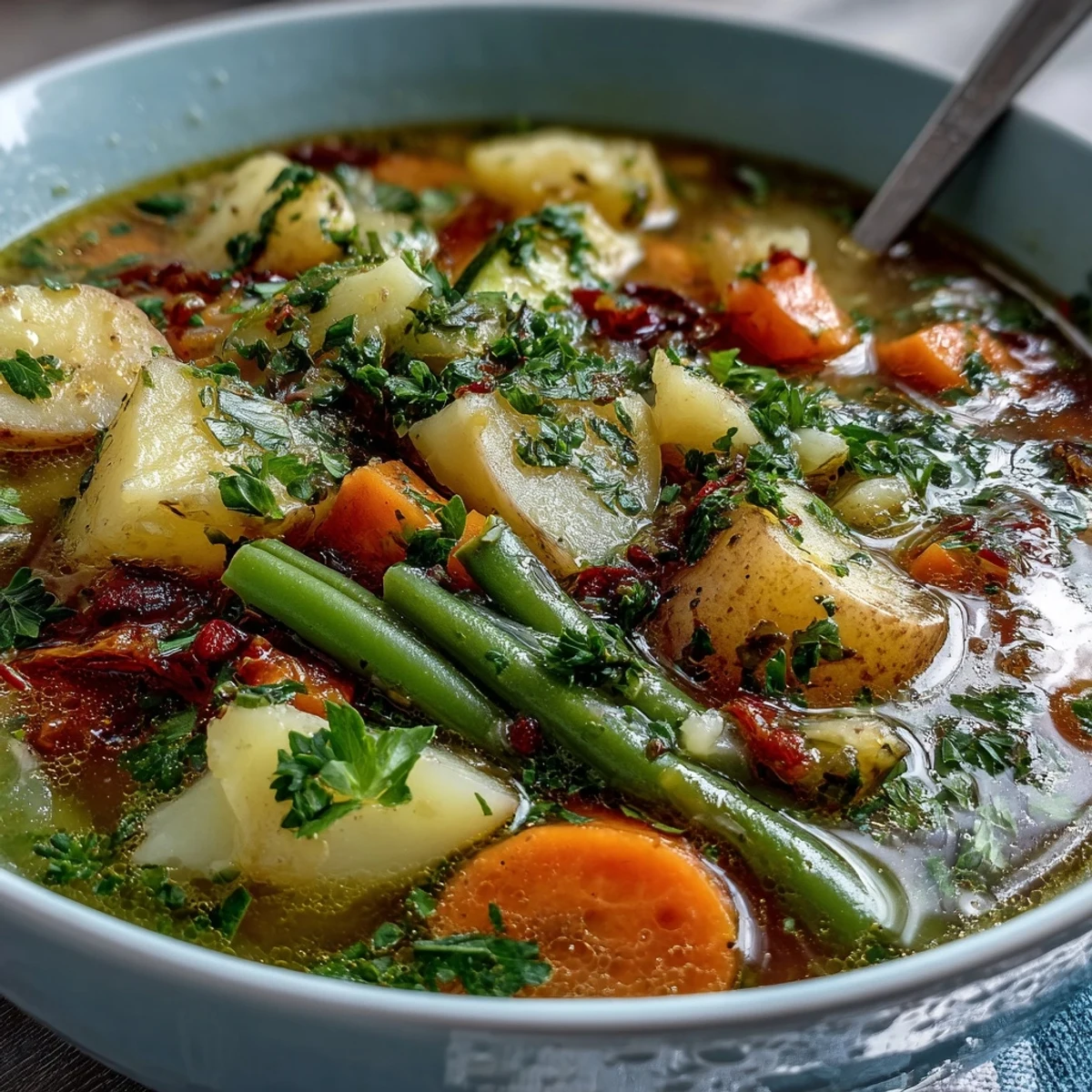 Hearty Potato and Vegetable Soup, steaming with tender veggies, ready for a cozy meal.