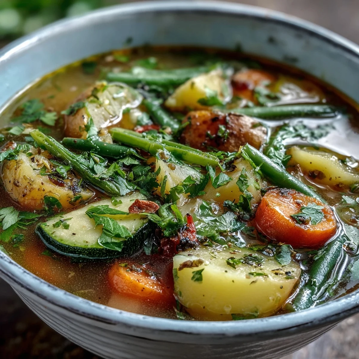 Colorful Potato and Vegetable Soup, packed with fresh garden flavors, perfect for lunch.