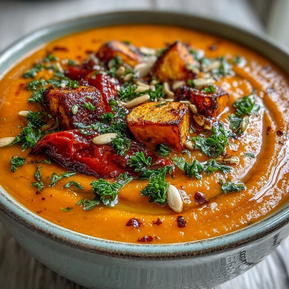 Gourmet Roasted Vegetable Soup, boasting caramelized sweetness with aromatic herbs, served steaming hot.