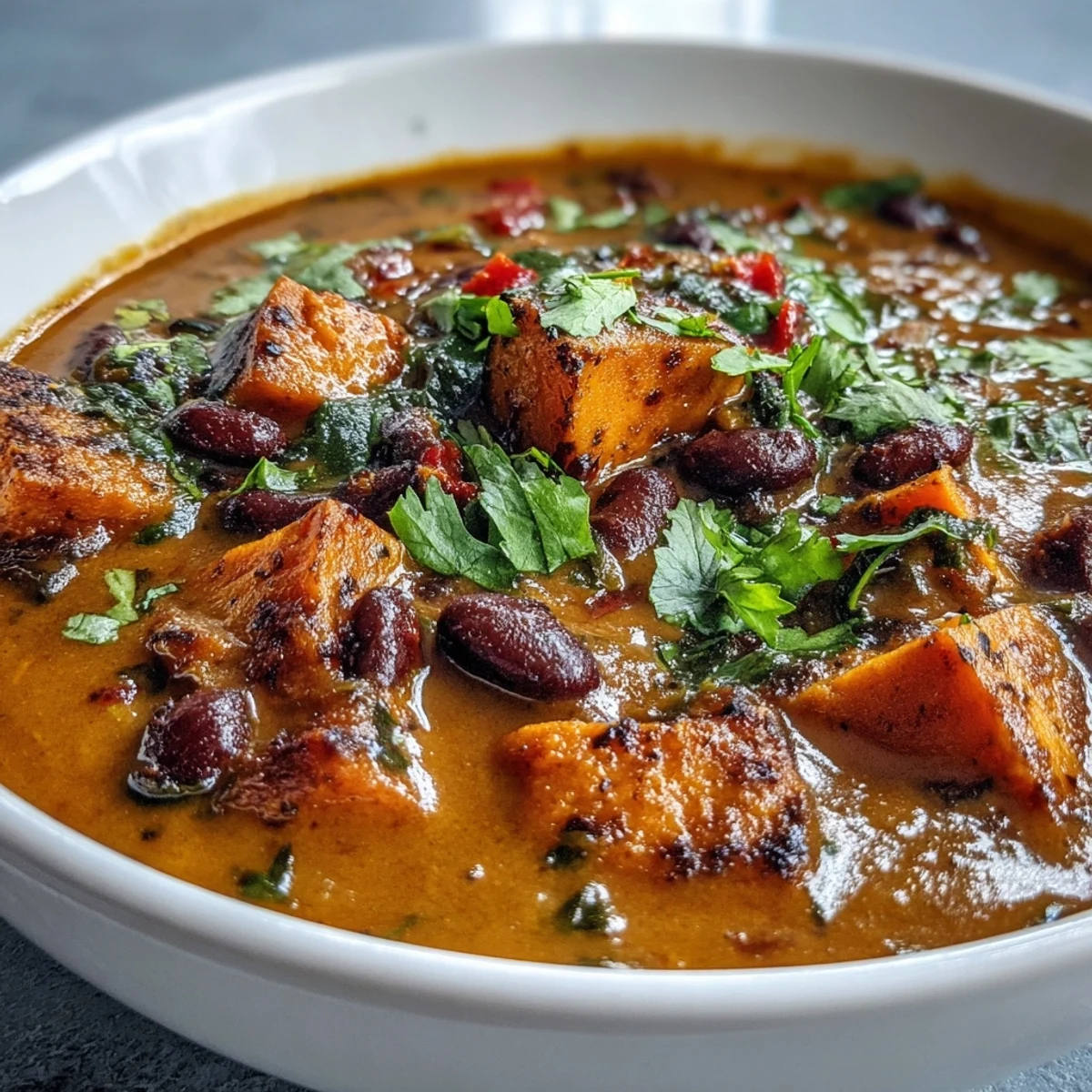 A comforting bowl of sweet potato and black bean soup, perfect for chilly evenings.