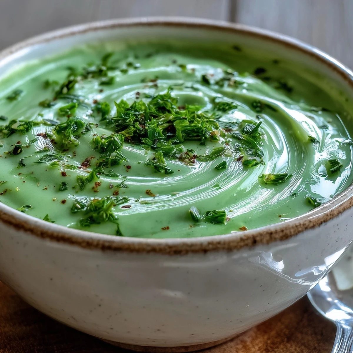 A spoonful of vibrant Creamy Celery and Herb Soup, artfully swirled.