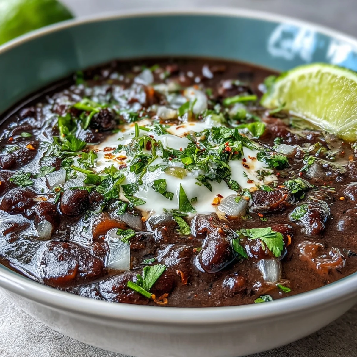 Hearty black bean soup, creamy with cilantro and lime garnish.