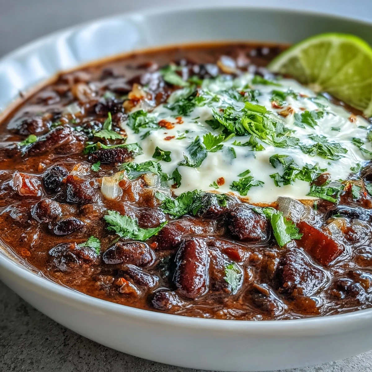 Rich, spiced black bean soup served steaming hot in a bowl.