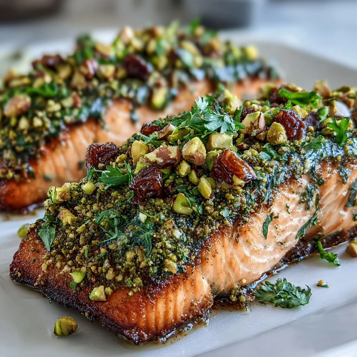 Confit Salmon with Tahini Pistachio Crust