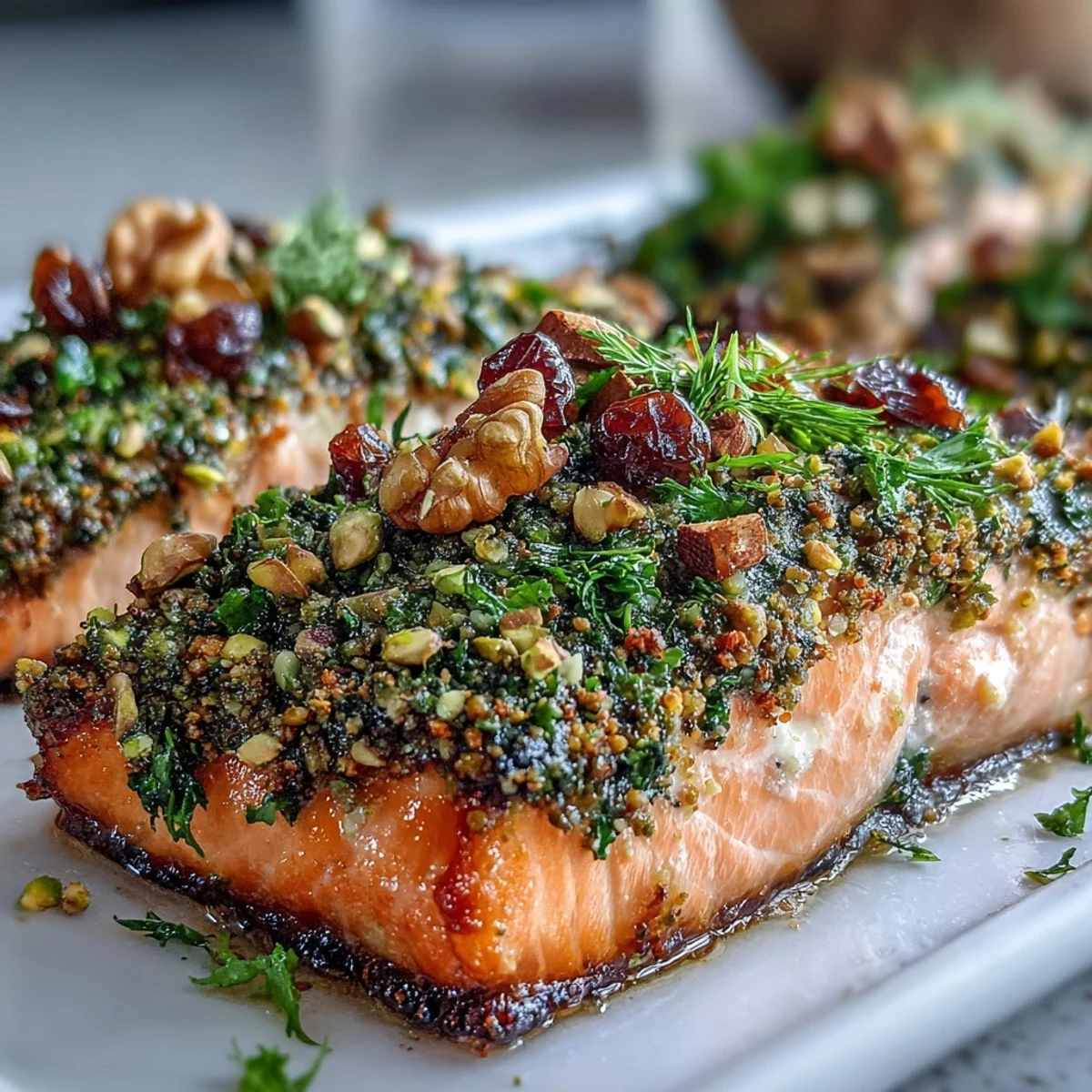 Confit Salmon with Tahini, Pistachio and Herb Crust rests on a white plate, its herb-studded topping adding vibrant green contrast to the golden, oil-poached fillet.