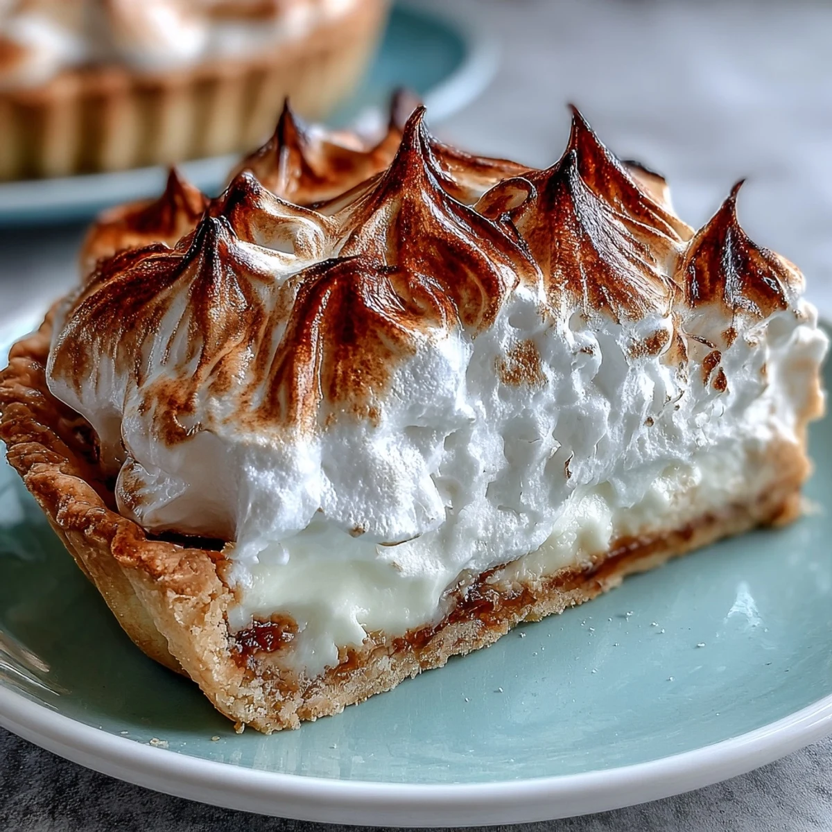 A slice of classic Lemon Meringue Pie on a white plate, featuring a golden-brown torched meringue topping and a vibrant yellow citrus filling.