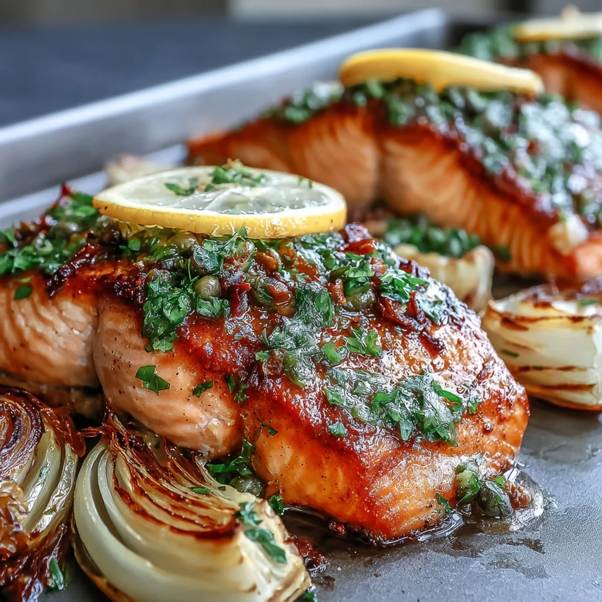 Golden-brown roasted leeks and red onions surround tender, flaky skin-on salmon fillets, garnished with fresh parsley dressing.