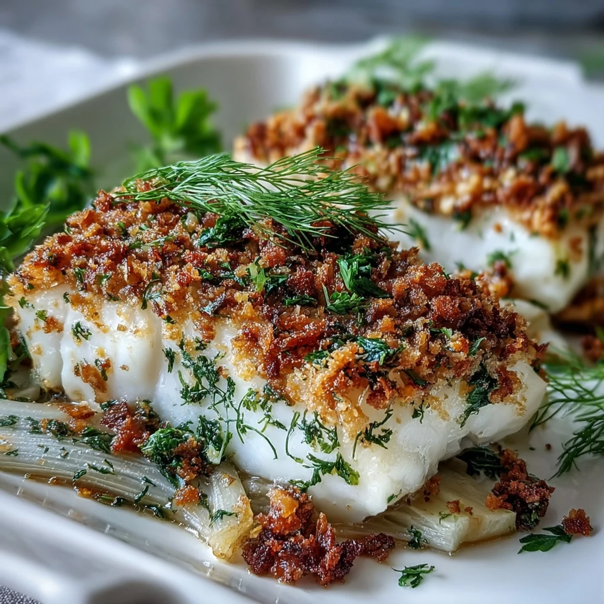 Golden-brown baked halibut fillets topped with crunchy lemon walnut pangrattato and roasted fennel slices on a platter.