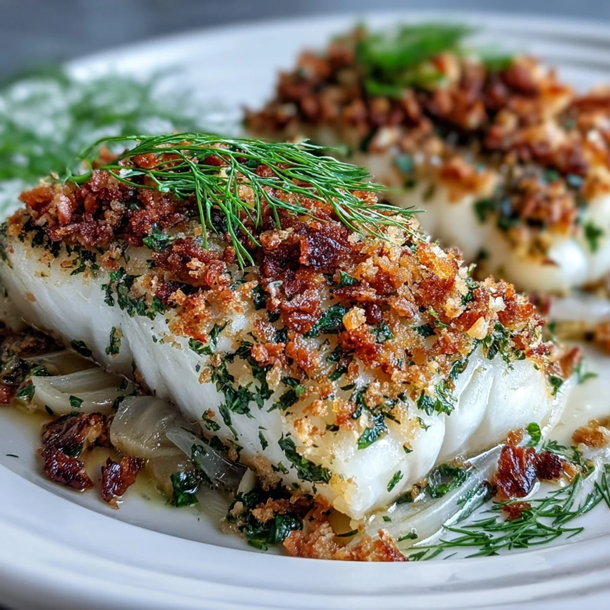 Four tender halibut fillets on baked fennel, garnished with vibrant fresh parsley and lemon zest.