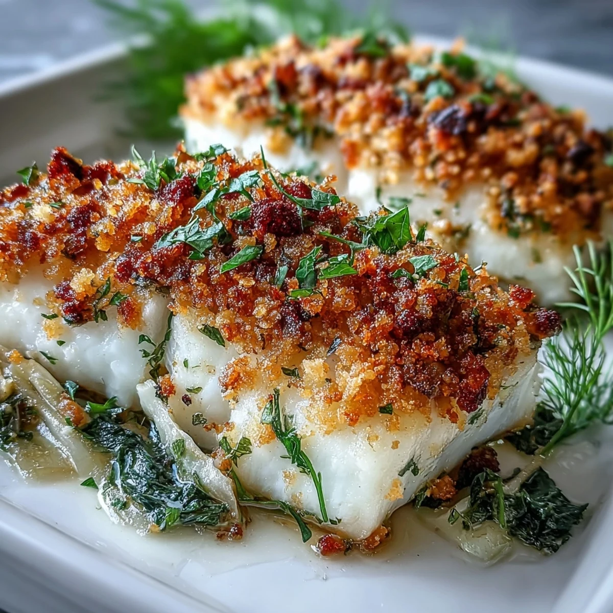 Sizzling skillet-toasted walnut pangrattato topping being spooned over baked halibut with lemon and fennel.