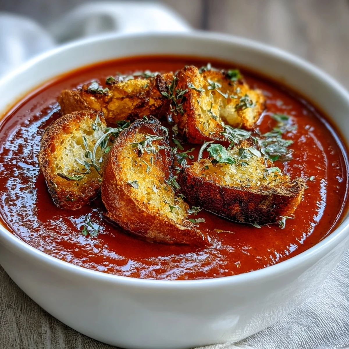 A bowl of vibrant Roasted Red Pepper Soup, its silky orange surface crowned with golden, crunchy croutons.