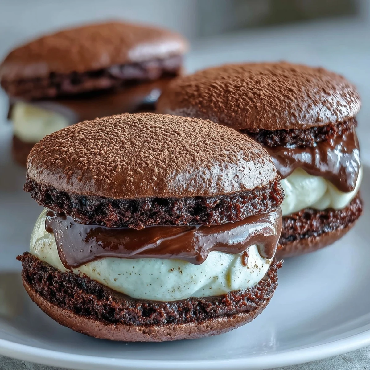A pair of homemade Tiramisu Whoopie Pies with chocolate shells and creamy coffee mascarpone filling, dusted with cocoa powder.