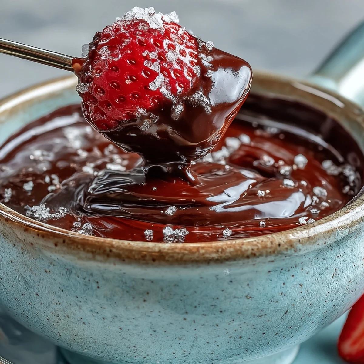 Steaming Boozy Chocolate Fondue bubbling in a pot, surrounded by fresh strawberries, apple slices, and marshmallows.