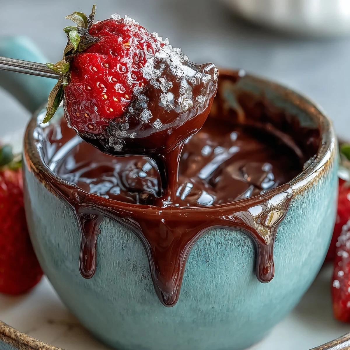 Rich Boozy Chocolate Fondue being dipped by a marshmallow and pretzel stick on a wooden board.
