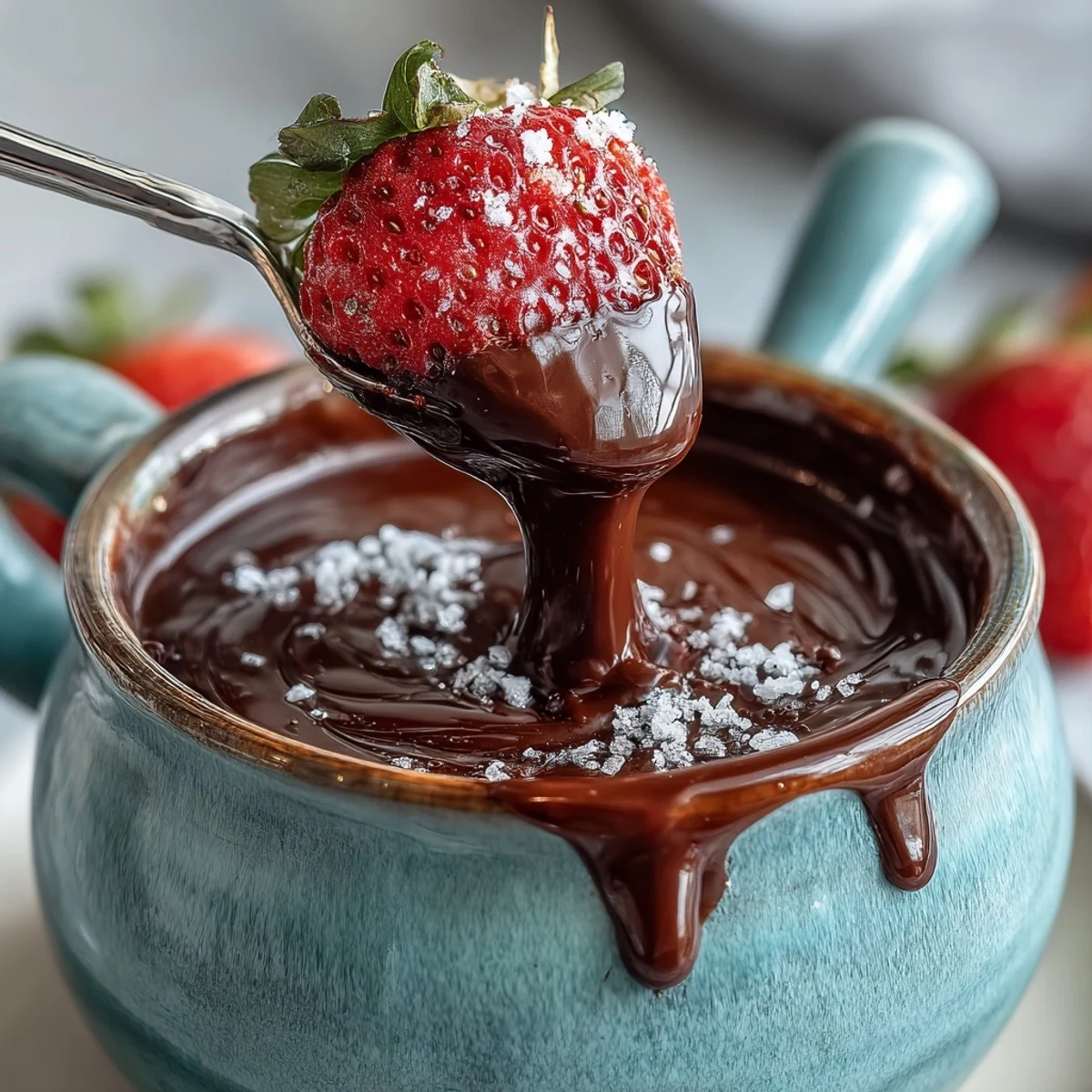 Glossy Boozy Chocolate Fondue in a pot with sliced bananas and pound cake cubes, ready to serve.