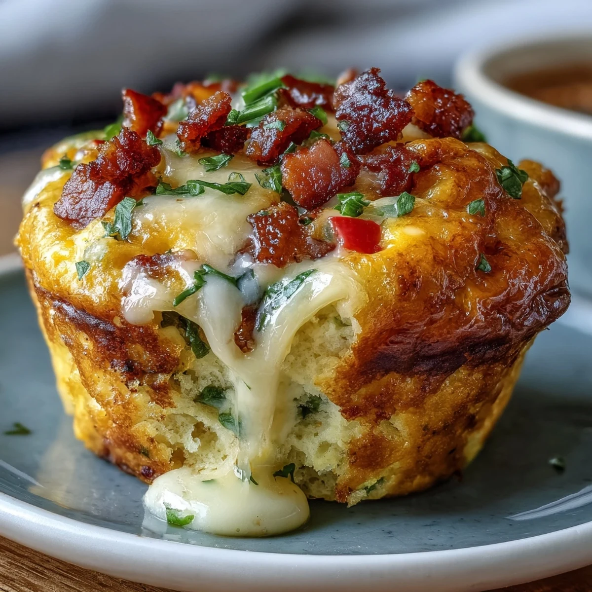 Golden-brown Breakfast Egg Muffins with melted cheddar, bacon, and bell peppers on a rustic white plate.
