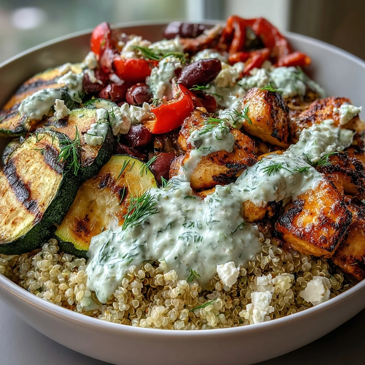 Golden-brown grilled chicken thighs and charred Mediterranean vegetables are arranged over fluffy quinoa in a white bowl, ready for a tzatziki drizzle.