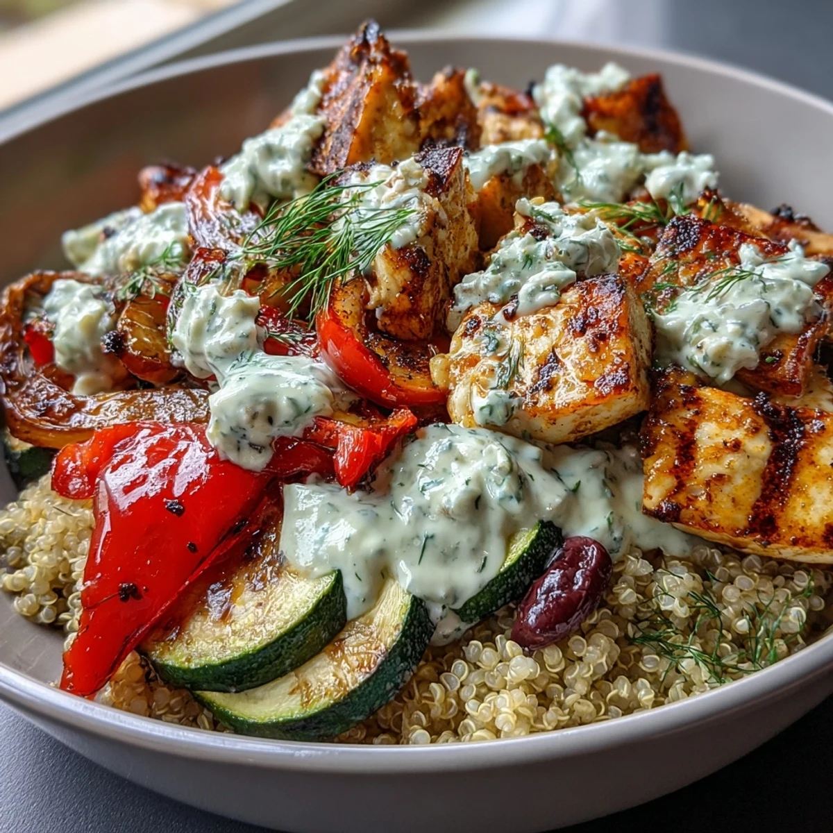 Overhead shot of a wholesome Healthy Grilled Mediterranean Bowl featuring grilled eggplant, feta crumbles, and fresh parsley on nutty quinoa.