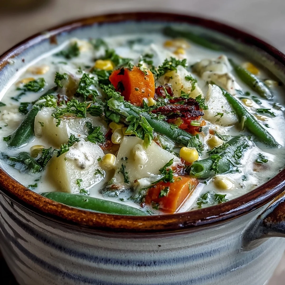 A warm bowl of Amish Snow Day Soup garnished with fresh parsley and a swirl of cream.