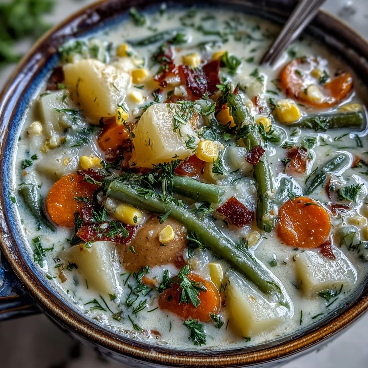 Comforting Amish Snow Day Soup served hot, surrounded by crusty bread on a rustic table.