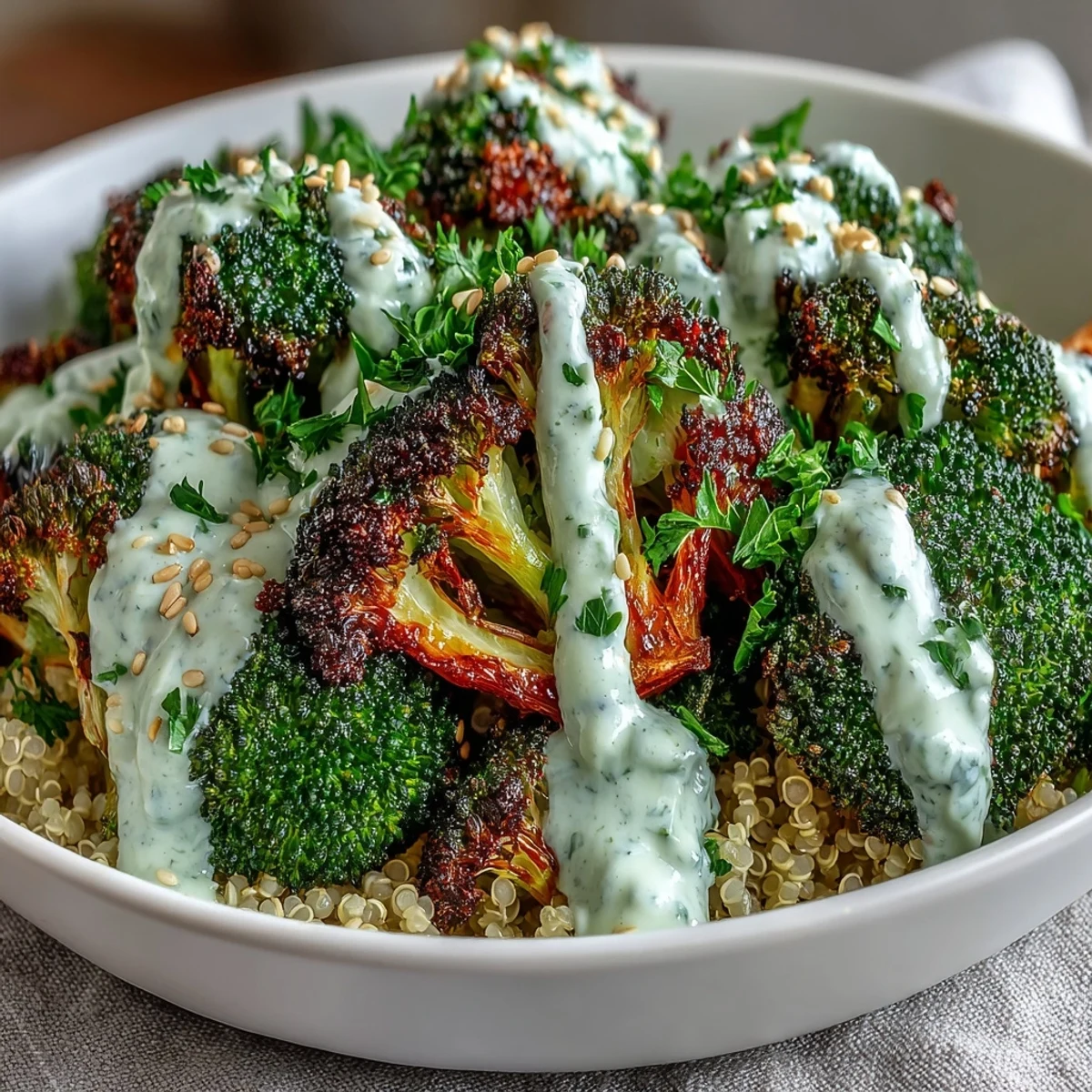 Golden roasted broccoli and red onion over fluffy quinoa, drizzled with creamy tahini sauce in a vibrant bowl.
