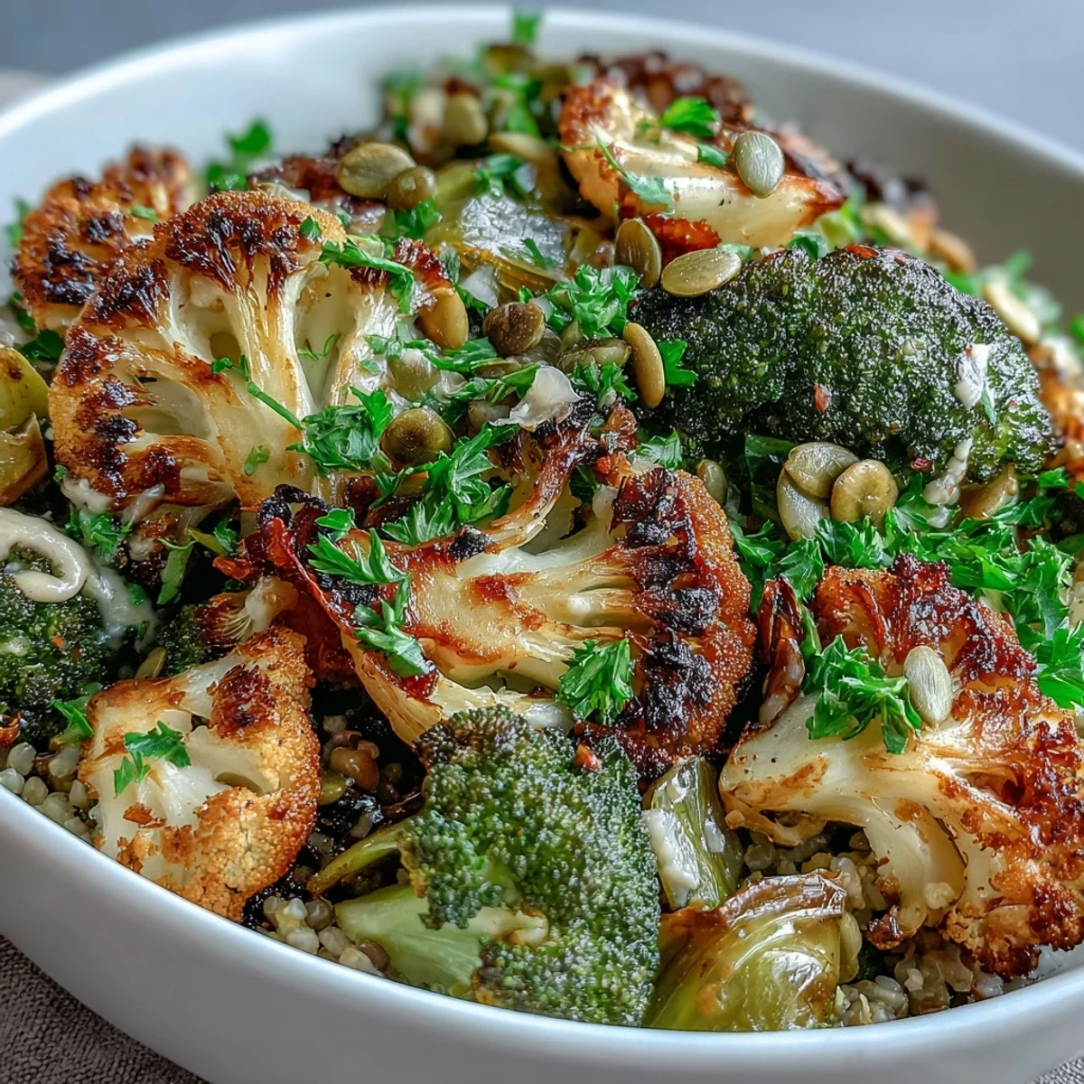 A fresh tahini-lemon dressing is drizzled over this vibrant Roasted Brassica Bowl, garnished with pumpkin seeds and parsley.