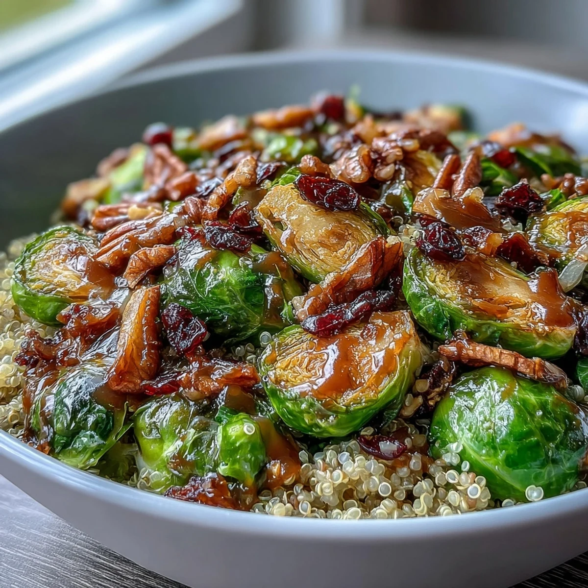 Roasted Brussels Sprouts Bowl garnished with toasted walnuts, dried cranberries, and pumpkin seeds for a wholesome, fiber-rich lunch.