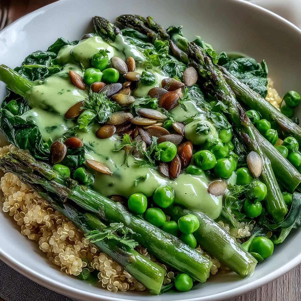 Spring Green Bowl with vibrant quinoa, blanched peas, asparagus, green beans, spinach, and feta, drizzled with lemon dressing.