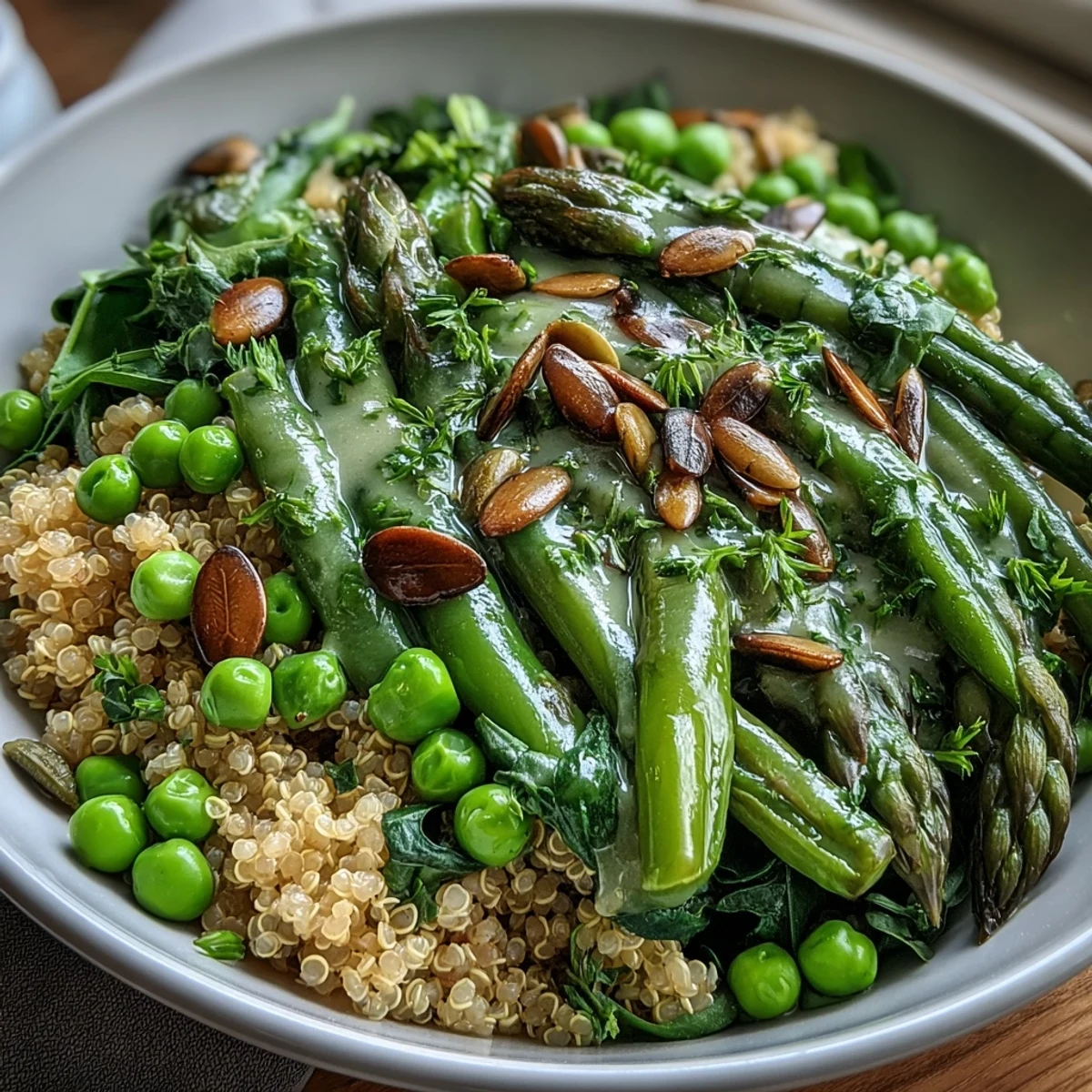 A fresh Spring Green Bowl with brown rice, blanched green beans, wilted spinach, and toasted pumpkin seeds, finished with zesty lemon dressing.