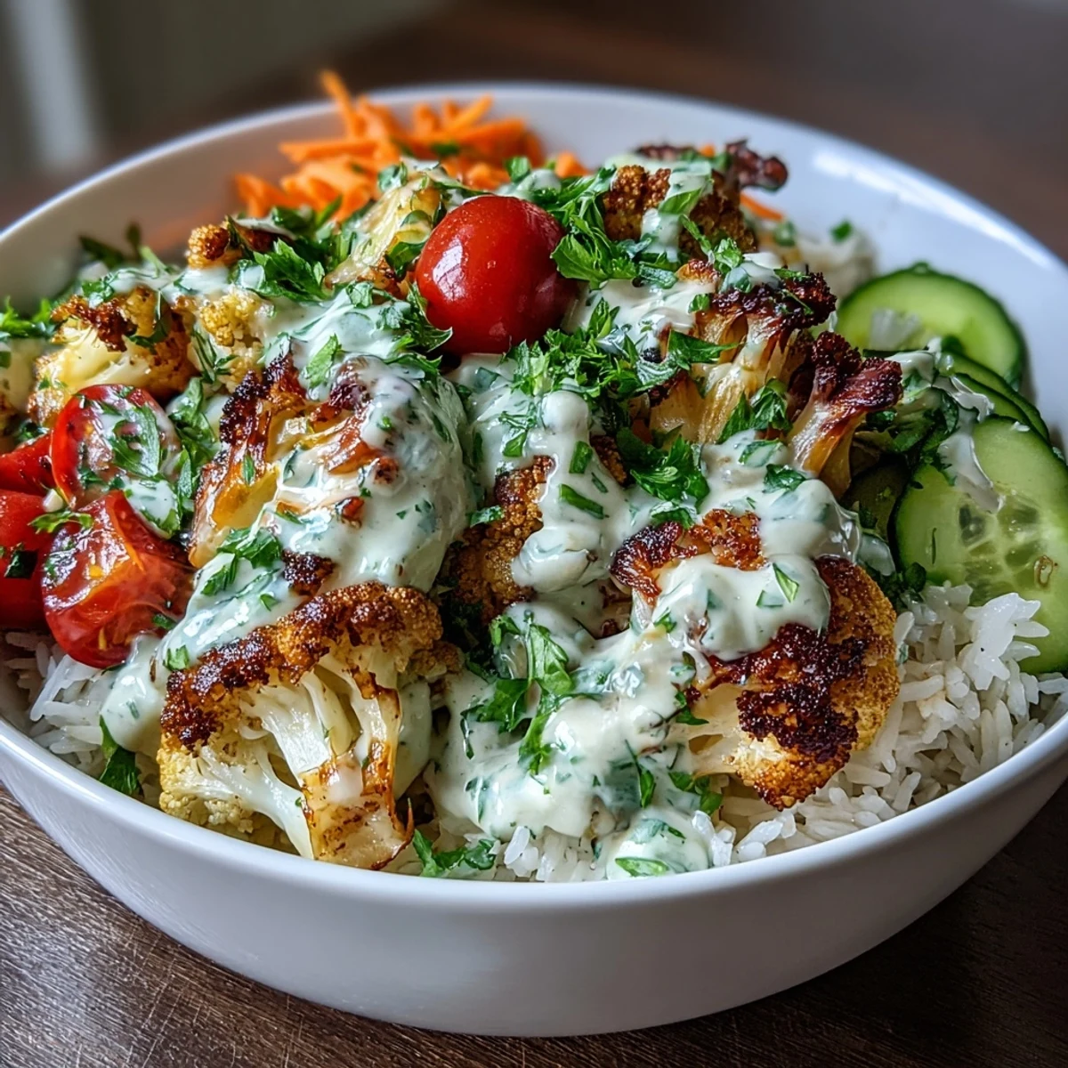 Roasted Cauliflower Bowl with golden florets, fluffy rice, and vibrant veggies topped with creamy zesty tahini sauce.