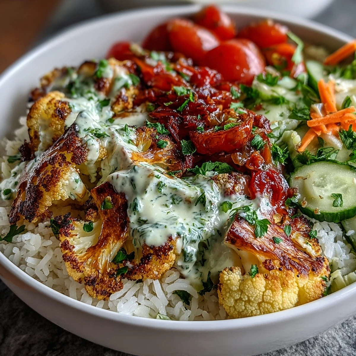 Gluten-free Roasted Cauliflower Bowl featuring aromatic basmati rice, crisp cucumber and carrots, and rich tahini dressing for a colorful meal.