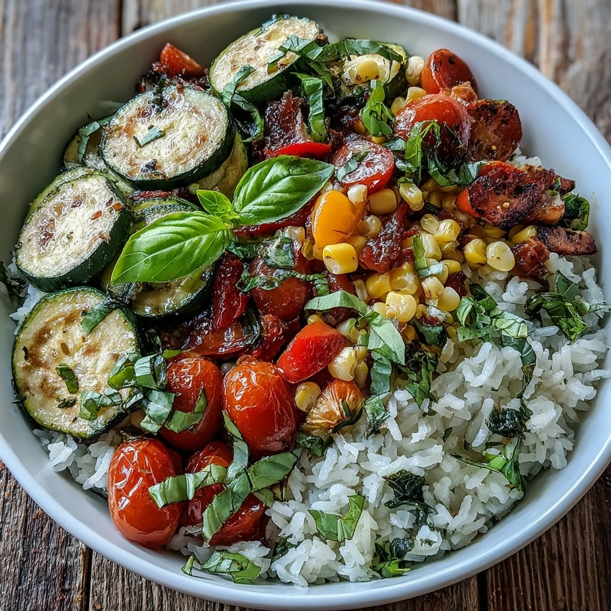 Fluffy rice topped with sautéed Summer Vegetable Bowl including zucchini, sweet corn, and tomatoes.