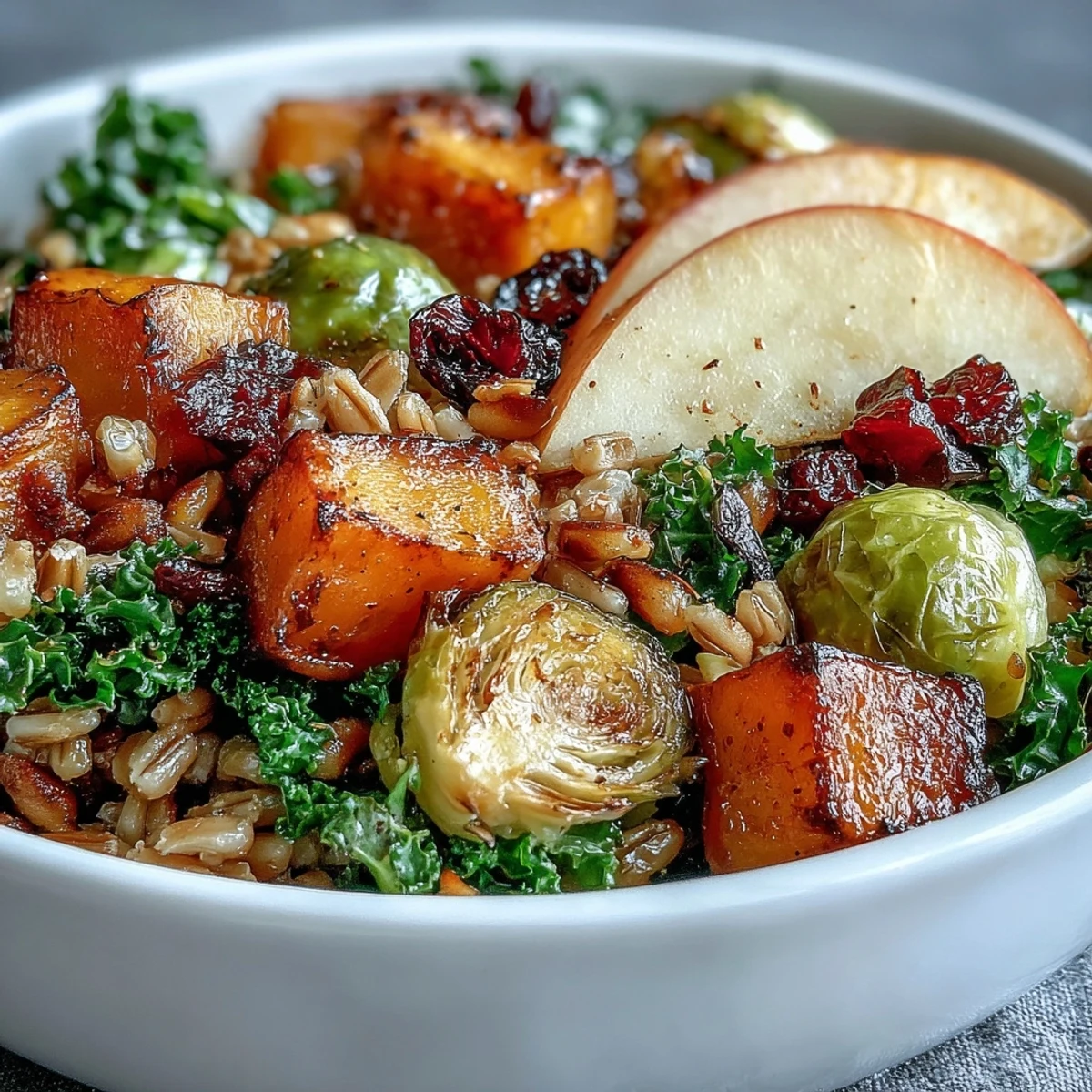 Colorful Fall Vegetable Bowl topped with dried cranberries and pumpkin seeds, ready to serve.