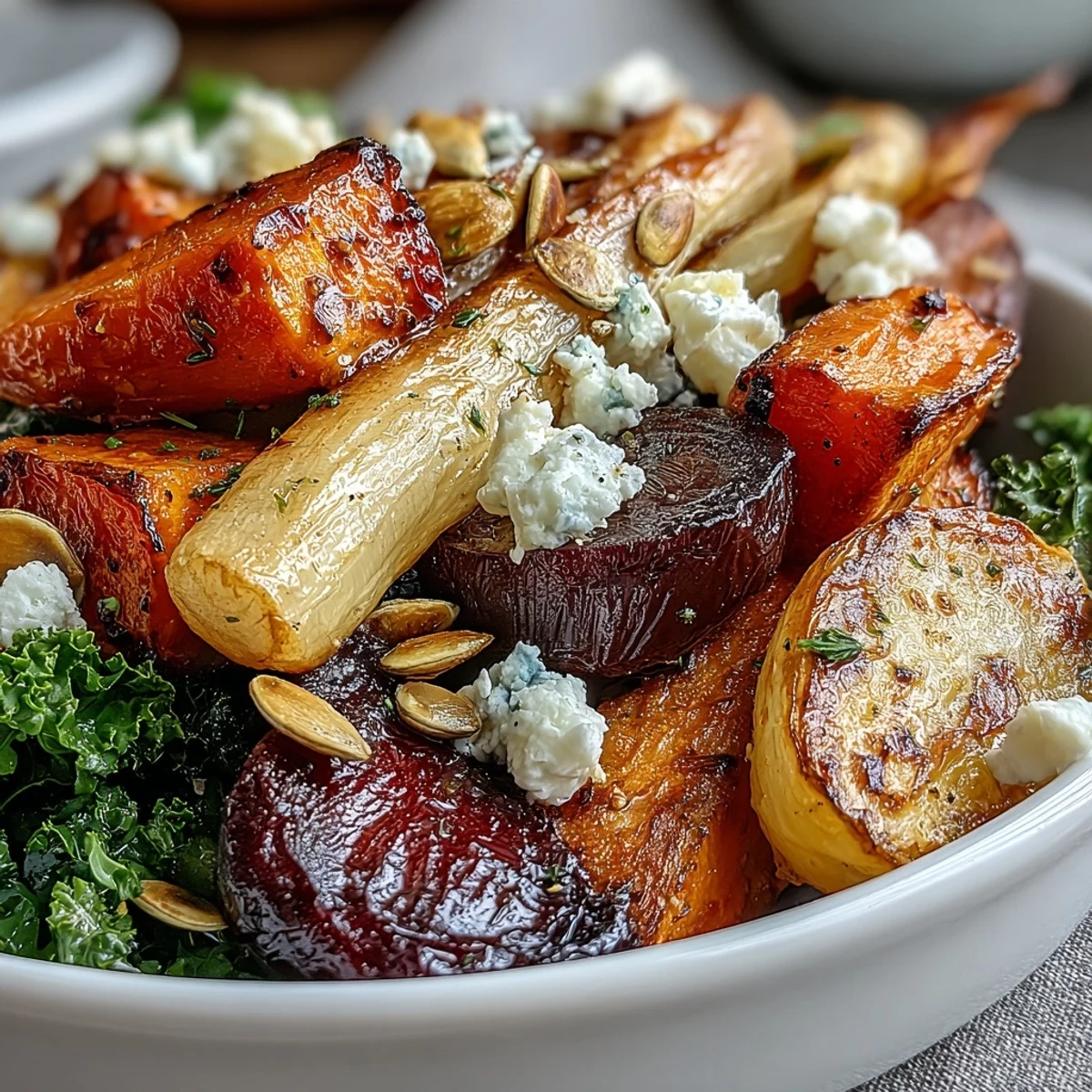 A serving of Winter Root Vegetable Bowl with kale and roasted root vegetables topped with pumpkin seeds.