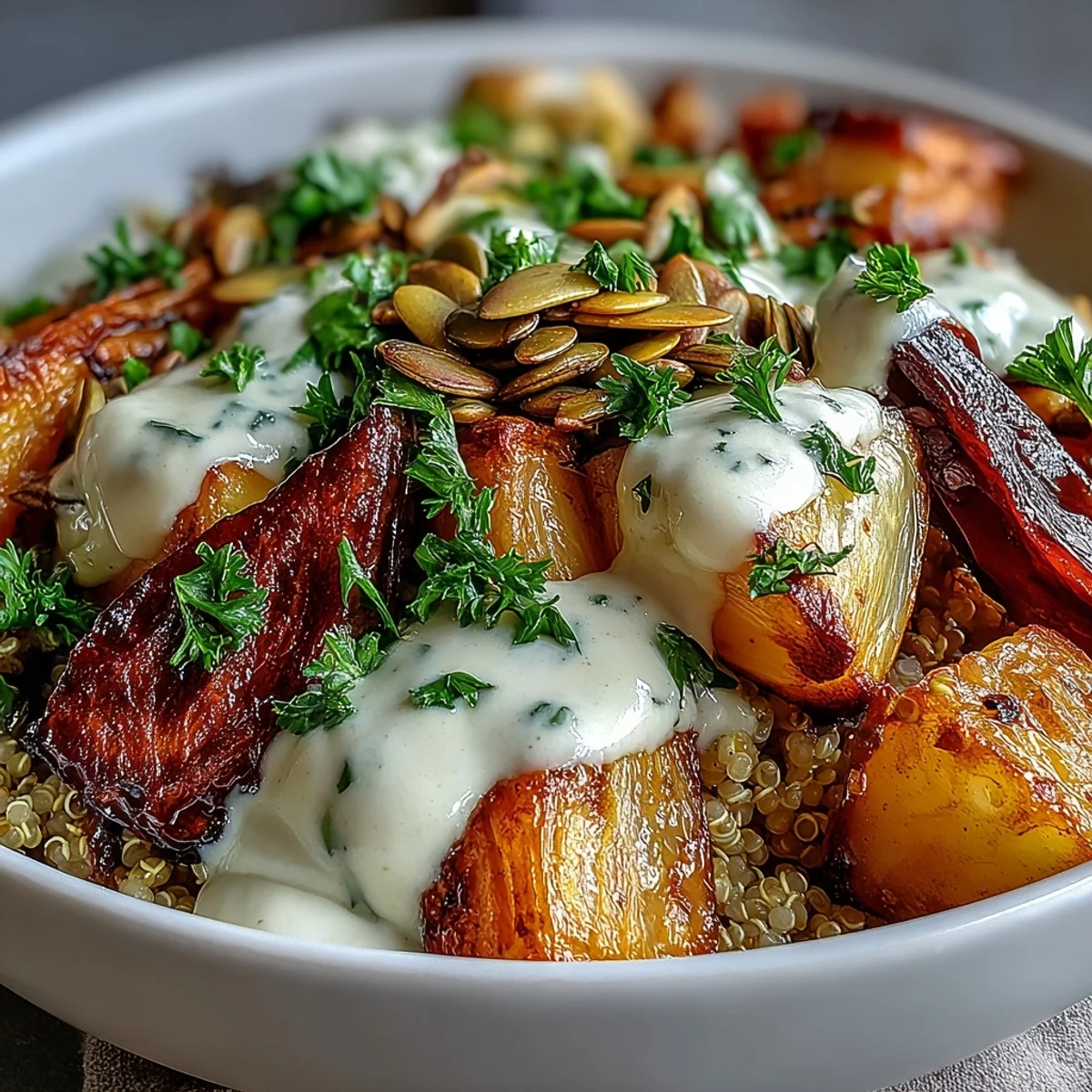 Roasted Root Vegetable Bowl topped with fluffy quinoa and creamy tahini drizzle, garnished with fresh parsley for a wholesome vegetarian dinner.
