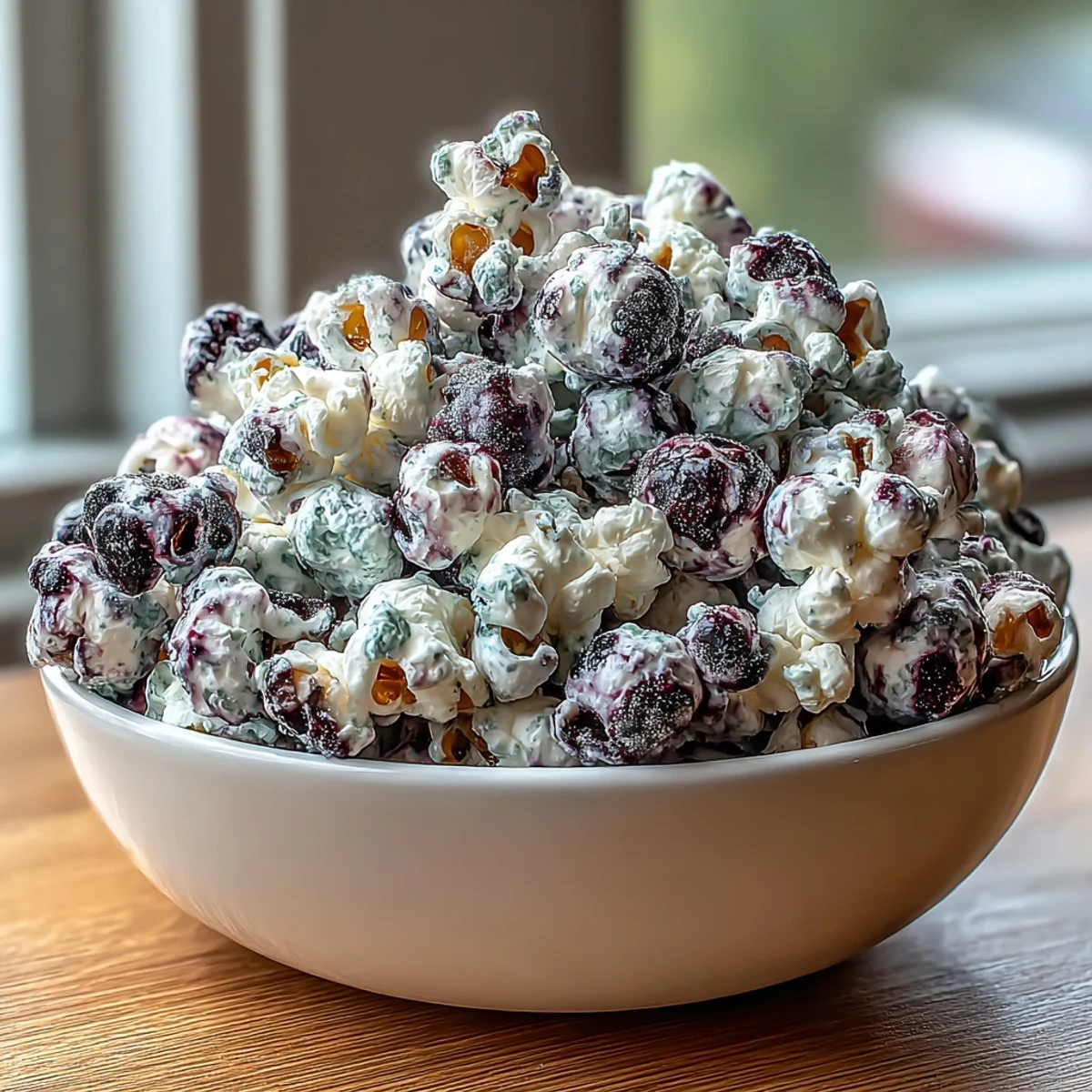 Close-up of homemade Black Currant Cheesecake Kettle Corn with a vibrant purple hue, glistening with sweet coating.