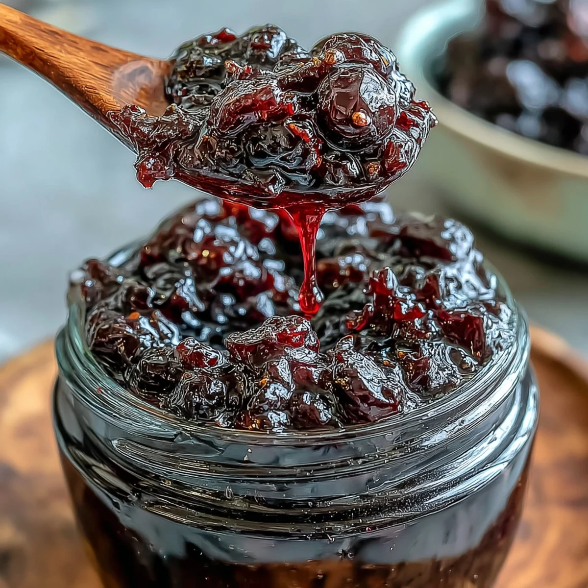 Homemade Black Currant Jam glistening in a jar, with a rustic wooden spoon resting beside it.