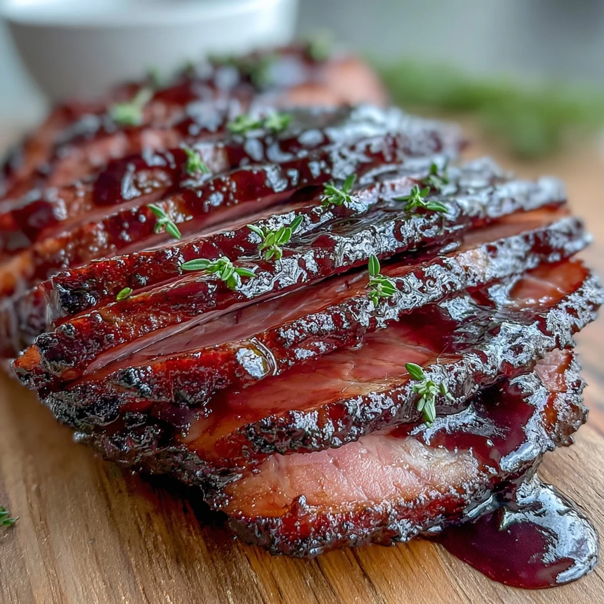 Vibrant Black Currant Glaze in a small white bowl, garnished with fresh thyme sprigs and a glossy spoon drip, perfect for glazing baked ham or roasted vegetables.