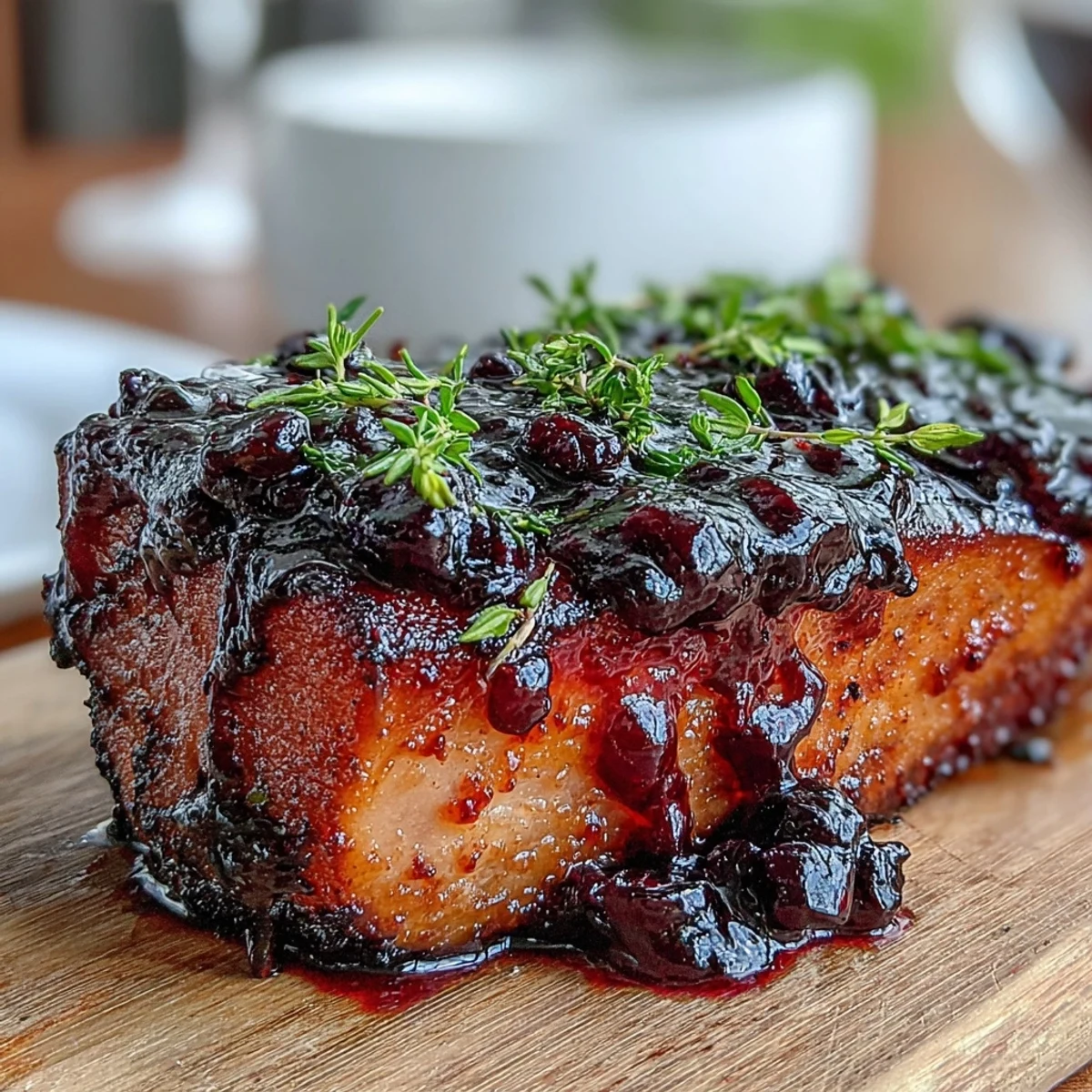 Black Currant Glaze simmering in a small saucepan, showcasing its deep purple hue and bubbling texture with Dijon mustard and honey ingredients nearby.