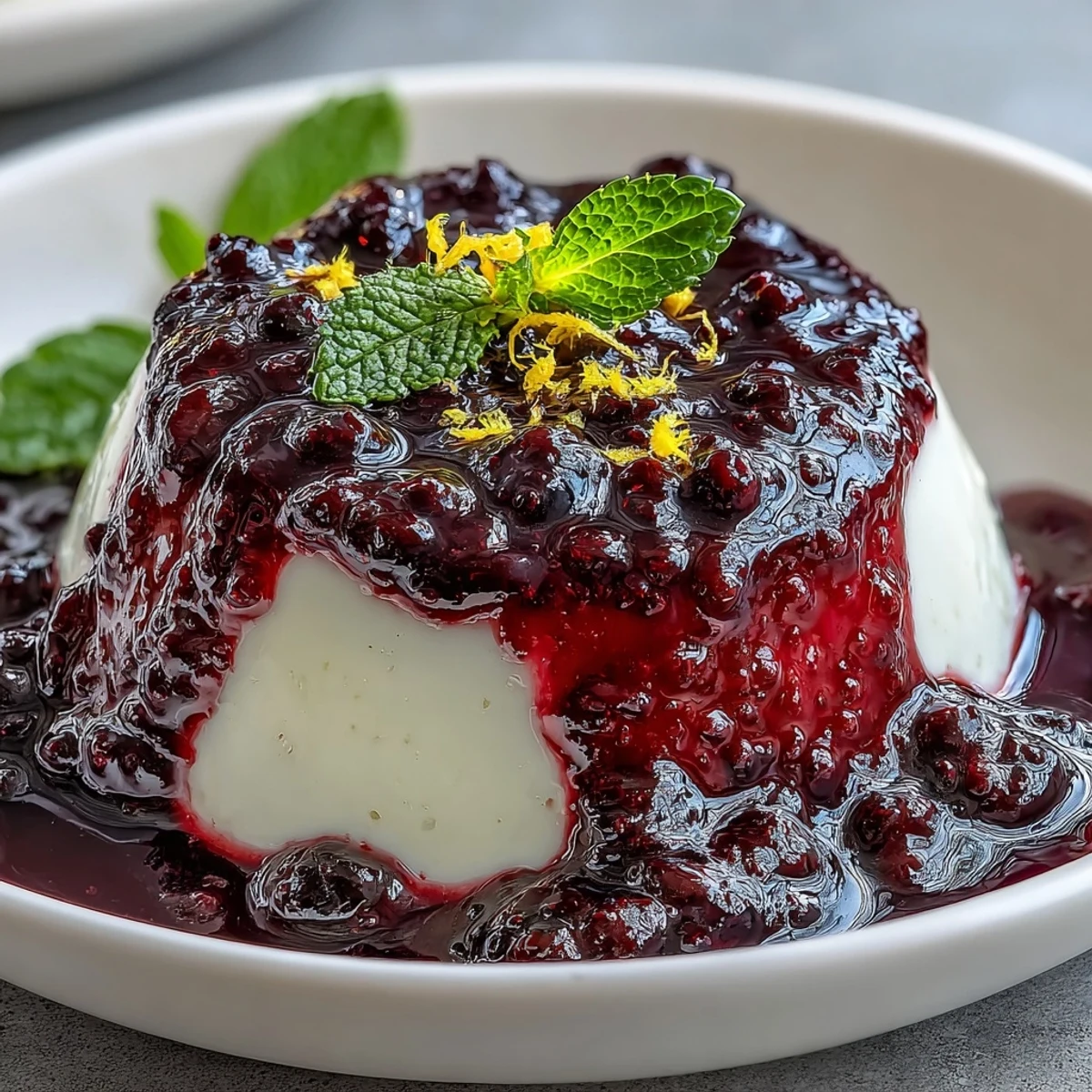 Homemade glossy black currant sauce being drizzled over a slice of creamy cheesecake, showcasing its vibrant purple hue.