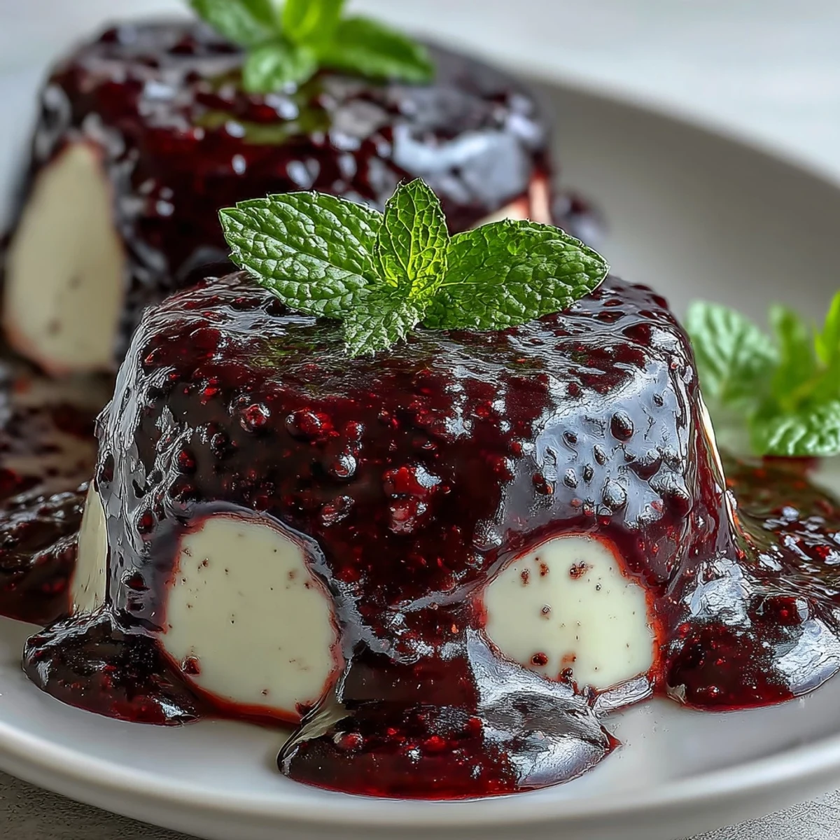 A small glass jar filled with smooth black currant sauce, ready to be served over vanilla ice cream or panna cotta.