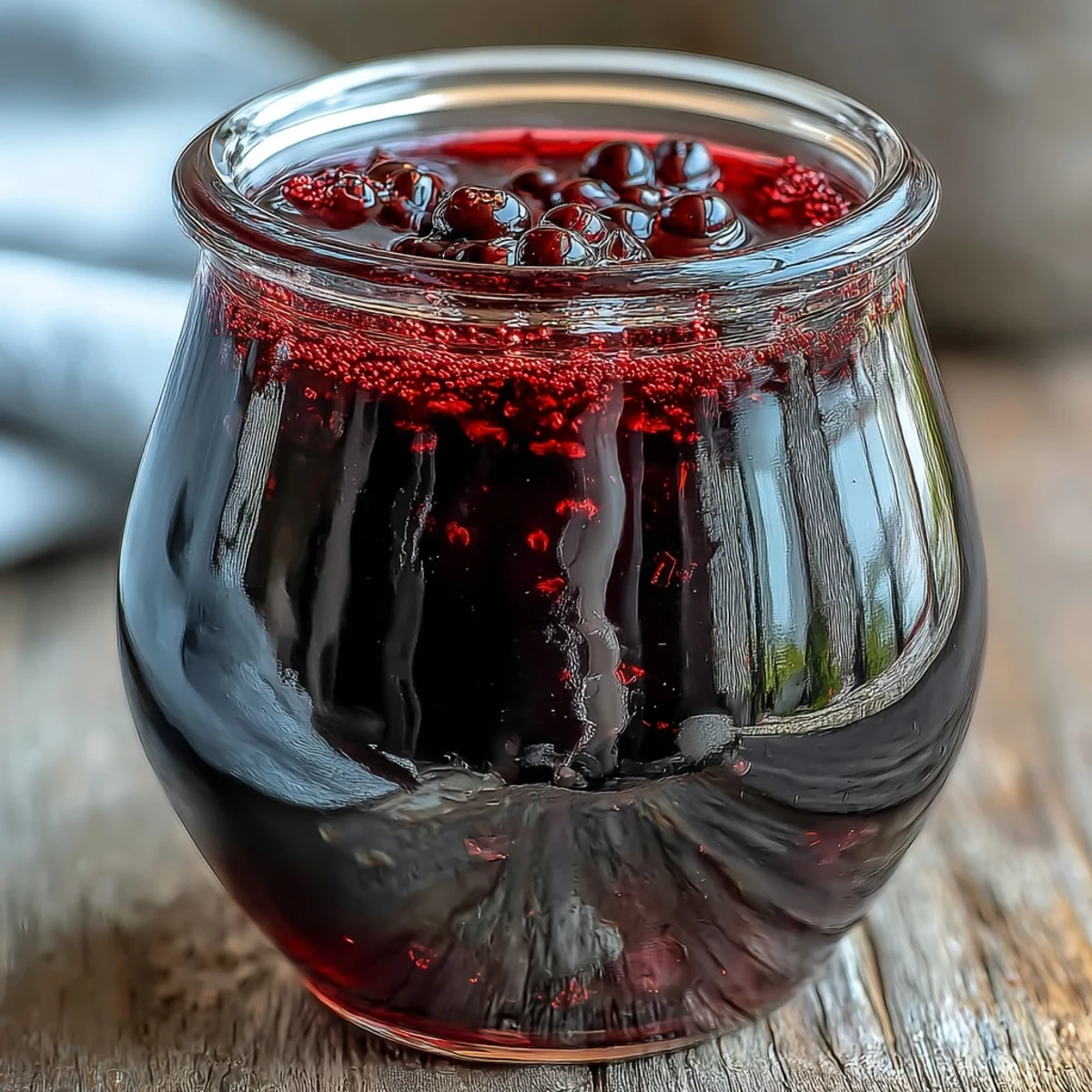 A jar of vibrant Black Currant Shrub surrounded by fresh berries, ready for a delicious soda or cocktail mixer.